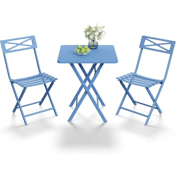Senfot 3-Piece Outdoor Round Tube Steel Bistro Set, All Weather Iron Frame Patio Table Chairs for Yard Garden Balcony Poolside Blue