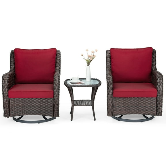 Senfot 3-Piece Outdoor Wicker Bistro Set - Rocking Chairs with Glass Side Table, Cozy Rattan Swivel Chair Set for Backyard, Porch, Deck Red