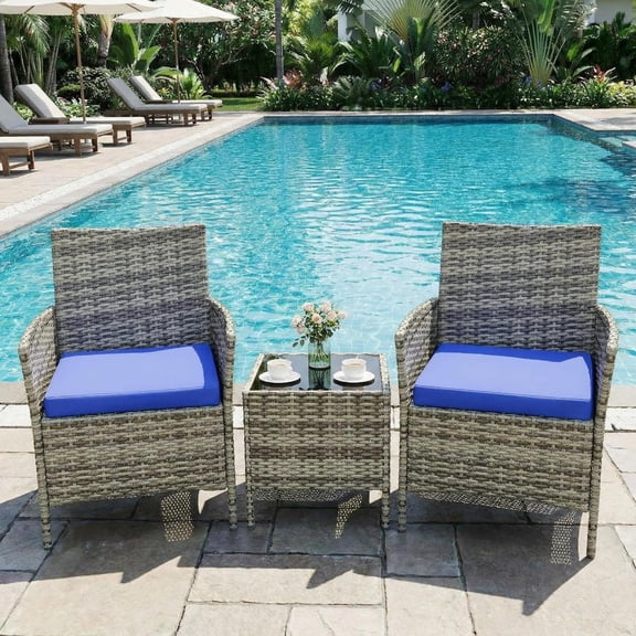 Senfot 3-Piece Patio Bistro Set, PE Rattan Outdoor Chairs & Coffee Table – Weather-Resistant Conversation Set with Blue Cushions