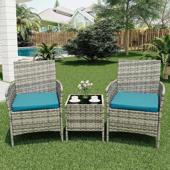 Senfot 3-Piece Rattan Conversation Set, Outdoor Patio Furniture with Tempered Glass Table – Wicker Chairs & Table for Backyard, Porch (Grey & Blue)