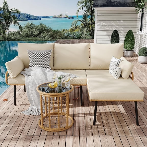 Senfot 3-Piece Round Rattan Chaise Lounge Set, Iron   PE Rattan   Glass   Polyester   Sponge, Outdoor Patio Furniture Beige