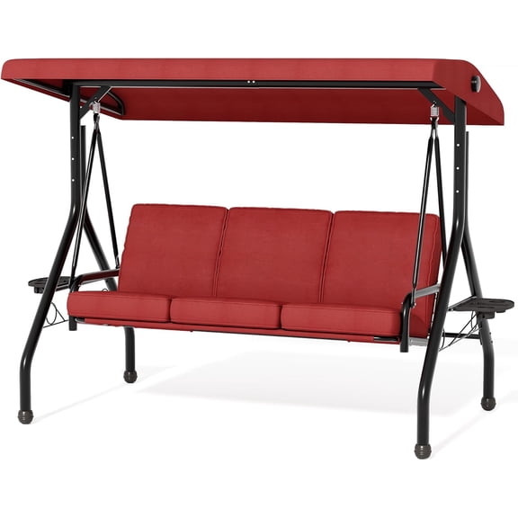 Senfot 3-Seat Outdoor Porch Swing 2-in-1 Patio Swing Chair with Thickened Removable Cushions Adjustable Canopy Cup Holders Weather Resistant Steel Frame for Backyard Porch Garden Red