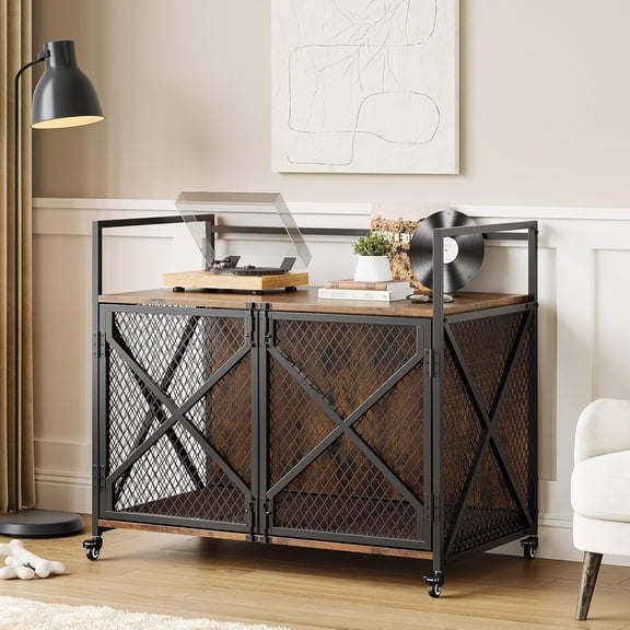 Senfot 31" Dog Crate Furniture with 4 Latches, Farmhouse Style Dog Kennel with 360° Wheels, Heavy Duty Dog Cage End Table for Living Room, Brown