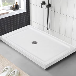 Senfot 32x48 Inch Acrylic Shower Base with Slip-Resistant Textured Surface Stainless Steel Drainer Easy Assembly and Cleaning Modern White Shower Pan