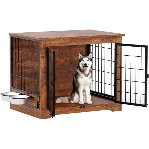 Senfot 38 Inch P2 Particle Board Square Tube Dog Crate Furniture Style Indoor Pet Kennel Rustic Brown Side Table Cage
