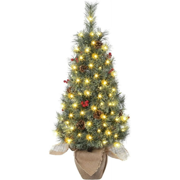 Senfot 3FT Christmas Tree，Pre-Lit Christmas Tree Tabletop with 78 LED Lights, Artificial Christmas Tree with Berry Clusters, Battery Operated, Flocked Potted Christmas Tree for Front Door, Porch