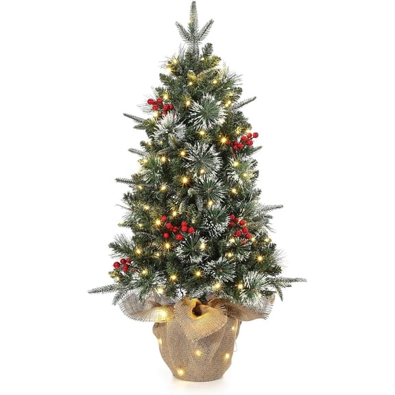 Senfot 3FT Pre-Lit Christmas Tree with 78 LED Lights, PE & PVC Hinged Xmas Tree with Metal Stand, Easy Assembly, Holiday Decor for Home, Office & Porch