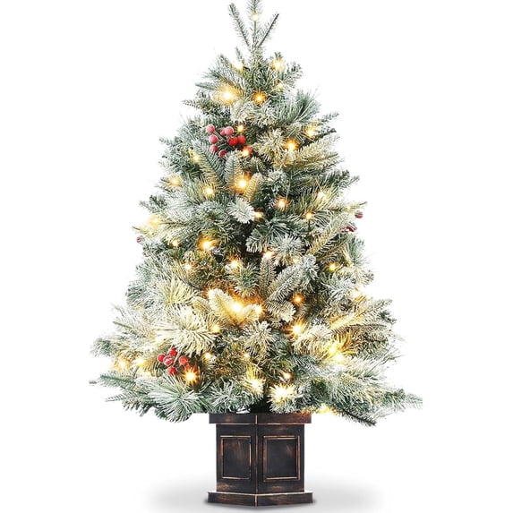 Senfot 3ft Pre-Lit Artificial Small Christmas Tree, Snow Flocked Xmas Tree Includes 78 Led Lights, Christmas Home Decor