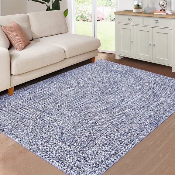 Senfot 3x5 Area Rug Machine Washable Non-Slip Low Pile Braided Print Farmhouse Solid Indoor Rug for Living Room Bedroom Dining Office, Light Blue