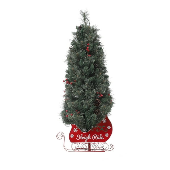 Senfot 4.5ft Artificial Christmas Tree, Small Pre-Lit Snow Flocked Christmas Tree, Holiday Xmas Tree with 85 LED Lights, Holiday Sleigh Shape Base, Red Berry Clusters,Pine Cones