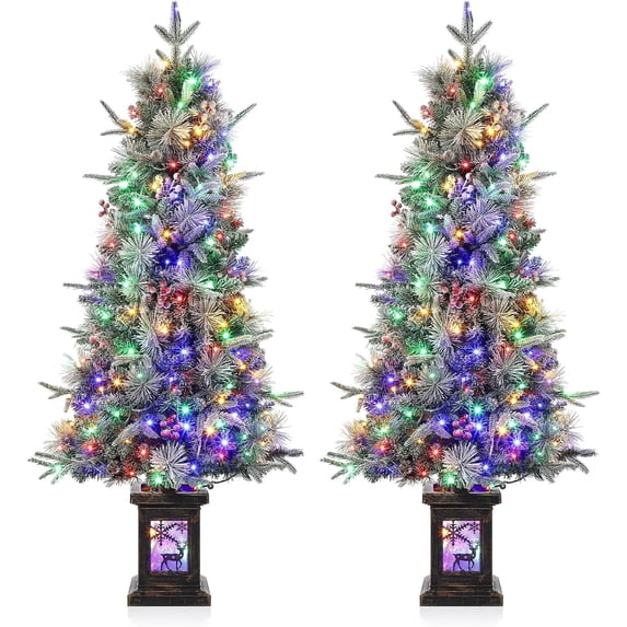Senfot 4.5ft Pre-Lit Artificial Small Christmas Tree, Snow Flocked Xmas Tree Includes 150 Led Lights, Christmas Home Decor 2pcs