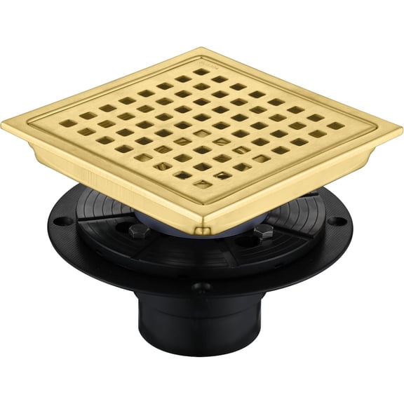 Senfot 4 Inch Square Shower Floor Drain with Removable Quadrato Pattern Grate and Hair Filter, 304 Stainless Steel, Anti-Clogging, Gold