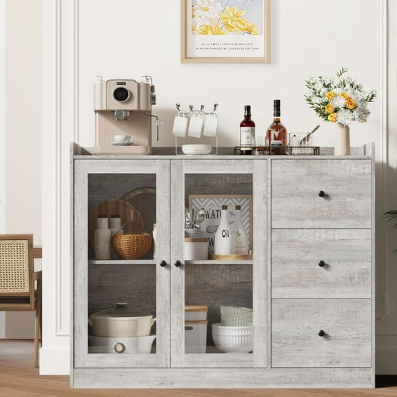 Senfot 43" Coffee Bar Cabinet with Glass Doors and 3 Drawers, Sideboard Buffet Cabinet with Storage, Storage Cabinet with Adjustable Shelves for Kitchen, Dining Room, Grey