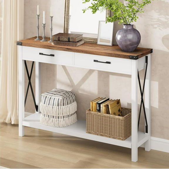 Senfot 43" Console Table with Drawers for Entryway, Sofa Table with Open Shelf and 2 Drawers, Perfect for Living Room or Hallway, White/Brown