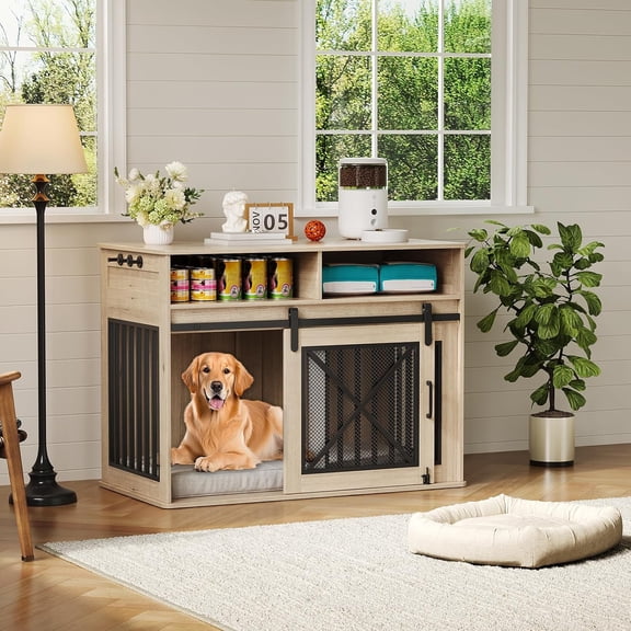 Senfot 44.5 Inch P2 Particle Board 15mm Square Tube Dog Crate Furniture Indoor Pet Kennel Gray X Frame Side Table Cage