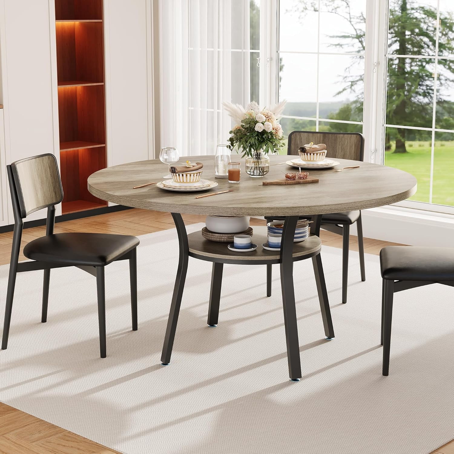 Senfot 47 Inch Round Dining Table for 4 with Storage Shelf, Stylish ...