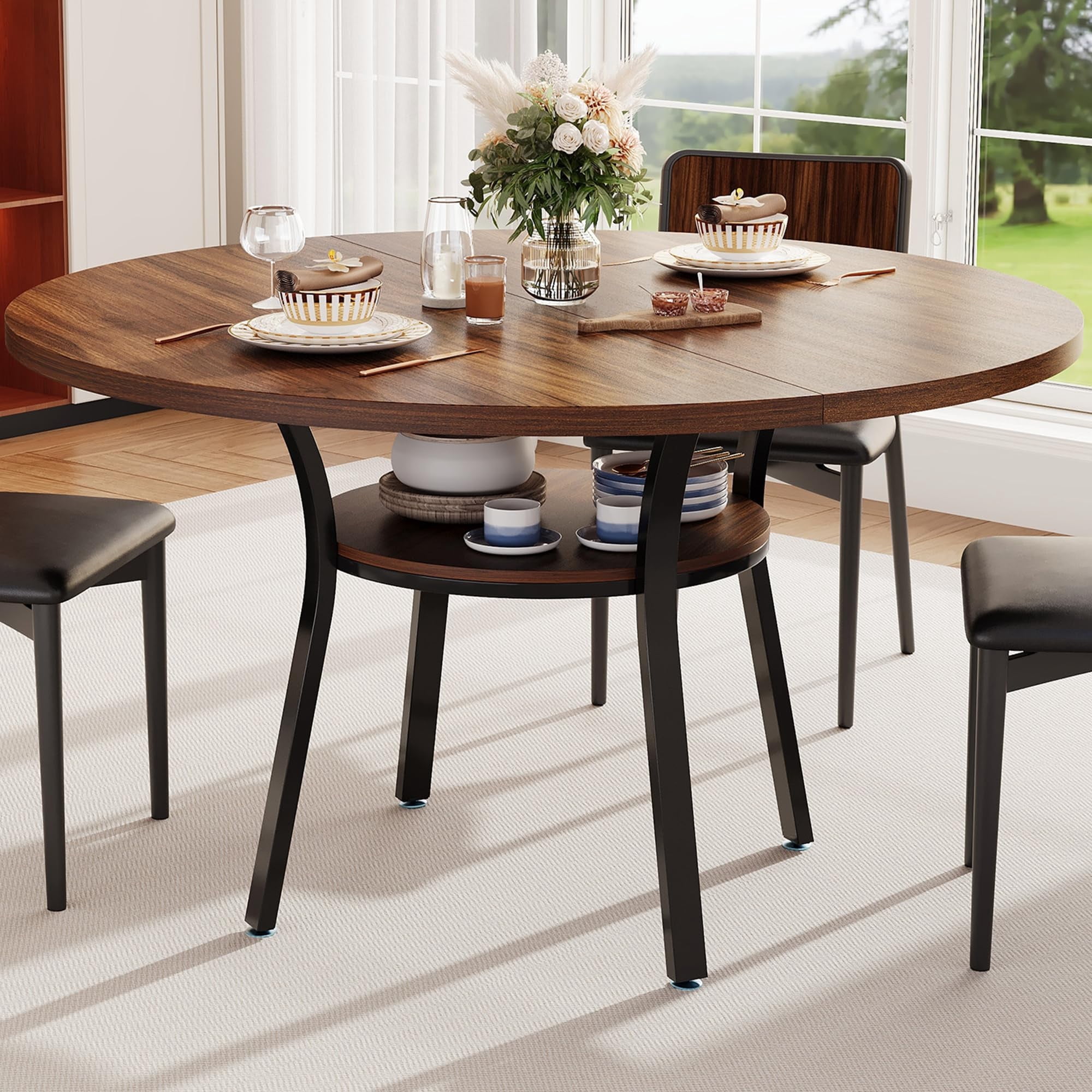 Senfot 47 Inch Round Dining Table for 4 with Storage Shelf, Stylish ...