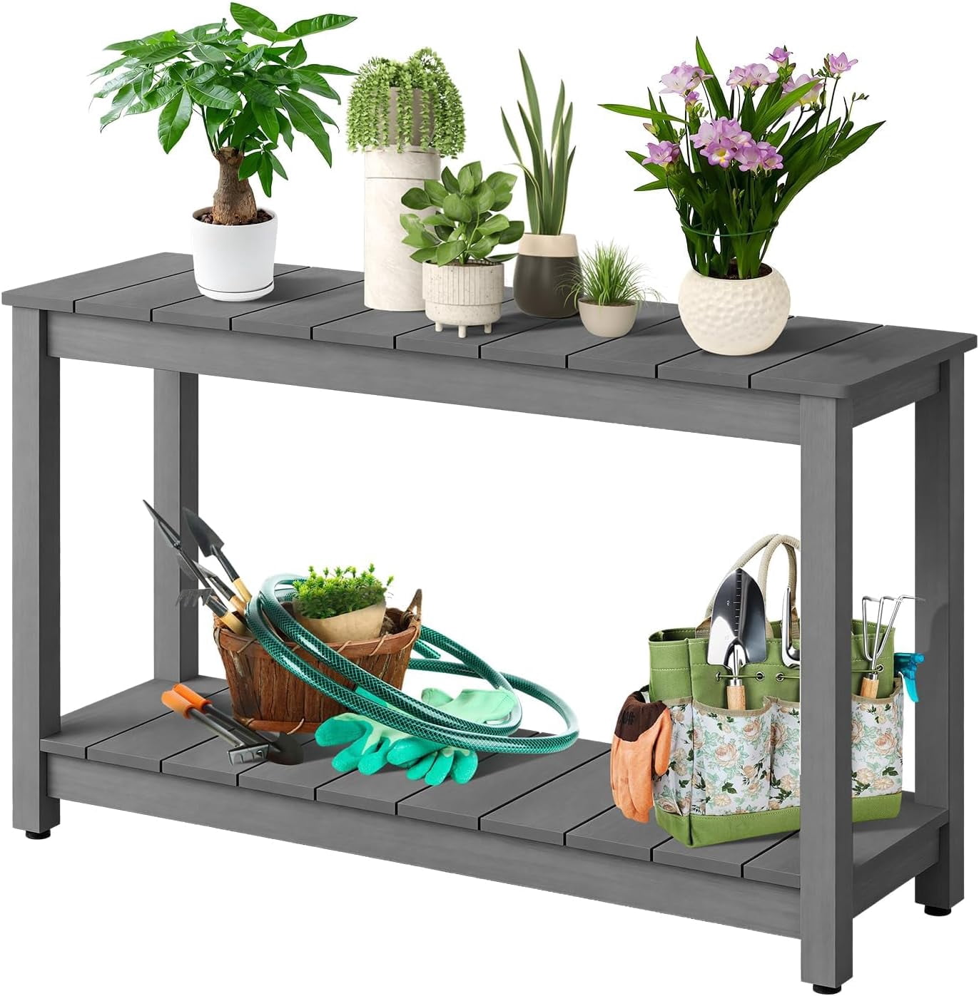 Senfot 48 Inch 2-Shelf Console Table, Indoor Outdoor Wooden Storage Entryway Side Table Gray
