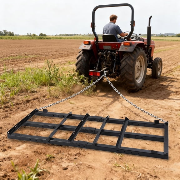 Senfot 4FT Heavy Duty Drag Harrow, 46LB Tow Behind Lawn Leveling Rake with Reinforced Steel Frame for ATV UTV Tractor, Driveway Arena Maintainer
