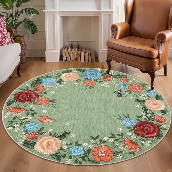 Senfot 4x4 Floral Boho Area Rugs Washable Ultra Soft Print Carpet Non-Slip Low Pile Stain Resistant for Living Room Bedroom Green