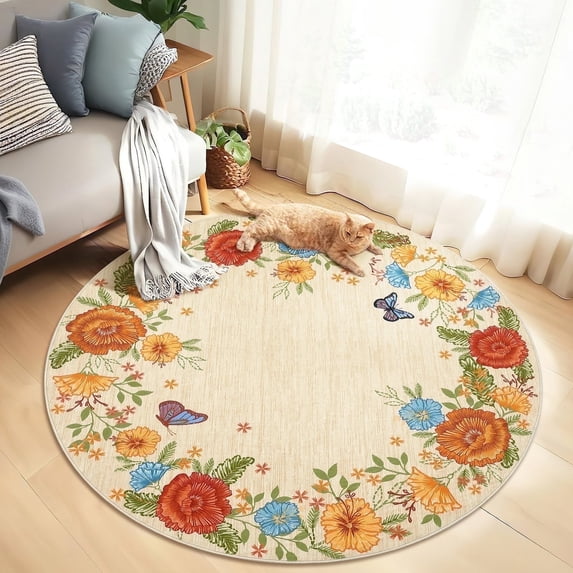 Senfot 4x4 Floral Boho Area Rugs Washable Ultra Soft Print Carpet Non-Slip Low Pile Stain Resistant for Living Room Bedroom Yellow