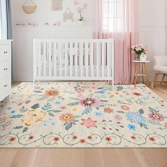 Senfot 4x6 Area Rugs,Kitchen Floral Runner Rugs Runners for Bedroom Hallway, Soft Ultra-Thin Indoor Low Pile Flower Carpet with Non Slip Backing Beige