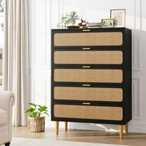 Senfot 5 Drawer Dresser for Bedroom, Rattan Chest of Drawers with Deep Drawers, Modern Large Double Dresser for Closet with Wide Top, Horizontal Wooden Dresser for Living Room, Hallway, Black
