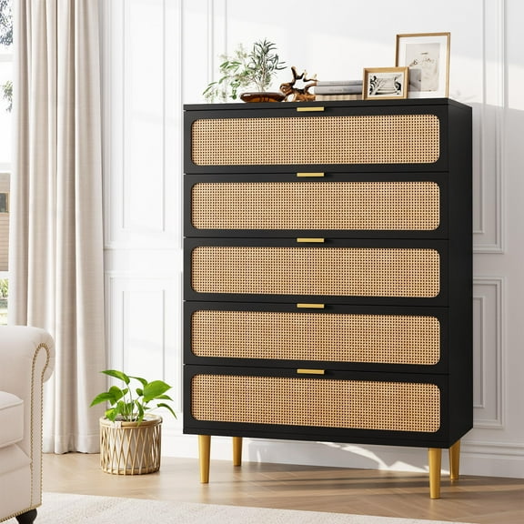 Senfot 5 Drawer Dresser for Bedroom, Rattan Chest of Drawers with Deep Drawers, Modern Large Double Dresser for Closet with Wide Top, Horizontal Wooden Dresser for Living Room, Hallway, Black
