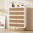 thumbnail image 1 of Senfot 5 Drawer Dresser for Bedroom, Rattan Chest of Drawers with Deep Drawers, Modern Large Double Dresser for Closet with Wide Top, Horizontal Wooden Dresser for Living Room, Hallway, White, 1 of 8