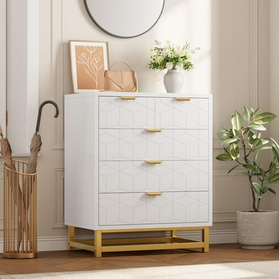 Senfot 5 Drawer Dresser for Bedroom, Modern Dresser Chest Cabinet Organizer,Chest of Drawers with Metal Base for Living Room, Hallway, Closet,White