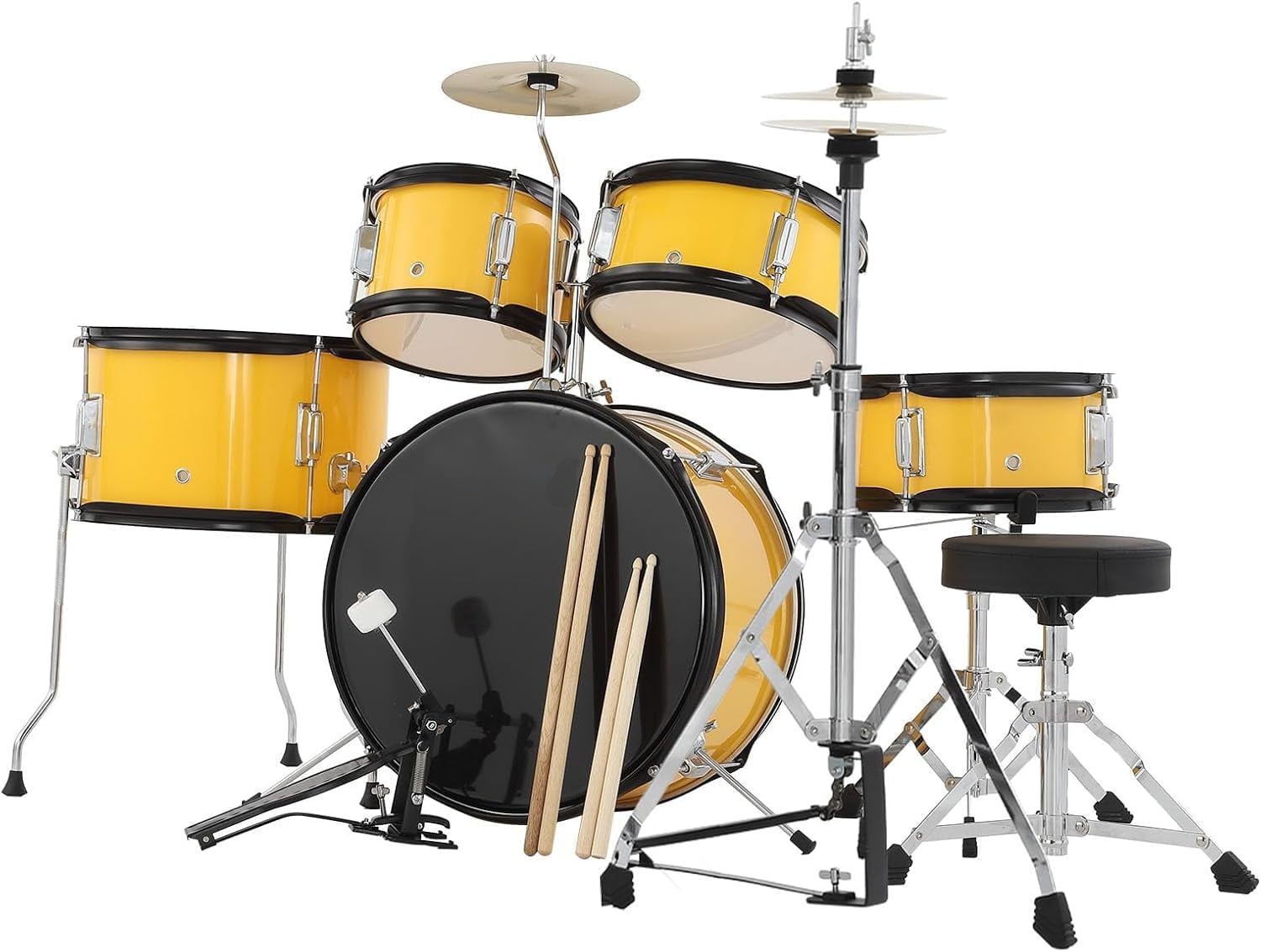 Senfot 5-Piece Drum Set with Bass, Tom, Snare, Hi-Hat, Cymbal, Pedal, Drumsticks & Stool, 16in, Yellow