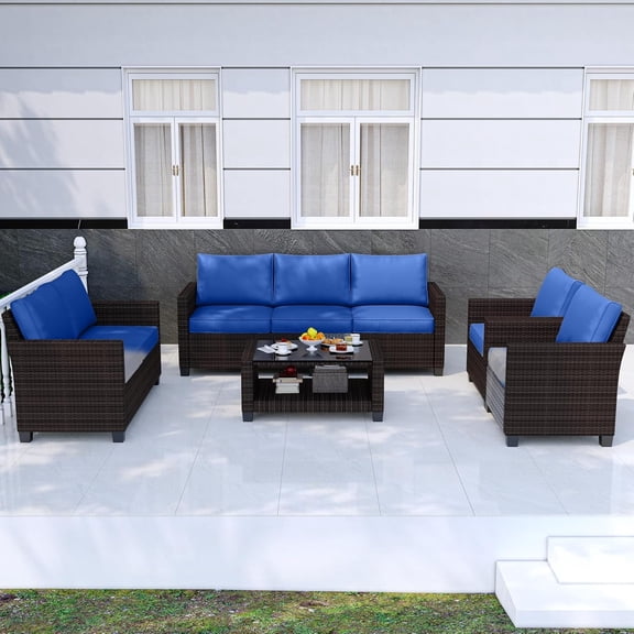 Senfot 5-Piece Outdoor Wicker Conversation Set with Coffee Table, PE Rattan & Steel Frame, Tempered Glass Top, Water Resistant Polyester Sponge Cushions for Patio Garden Brown+Blue