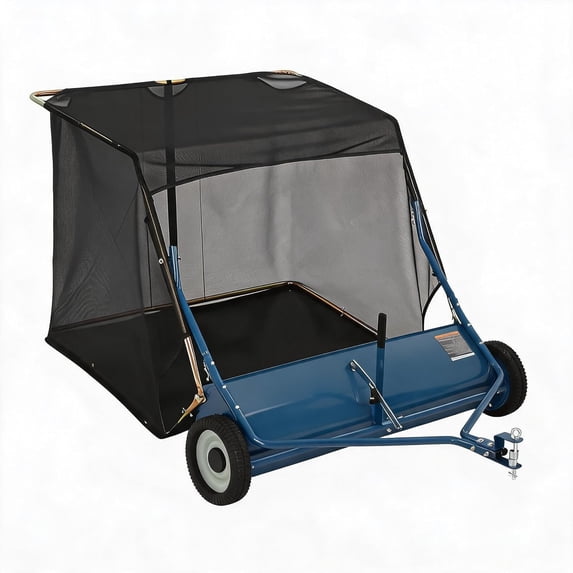 Senfot 50 Inch Extra Large Capacity Blue Carbon Steel Tow Behind Lawn Sweeper Detachable Storage Bag Towable Design for Lawn Grass Leaves Pine Needle Pickup