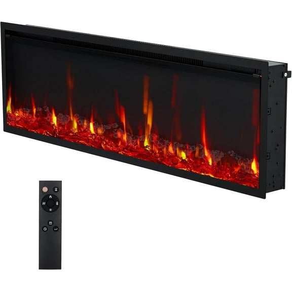 Senfot 50" Ultra-Thin Electric Fireplace Wall Mounted or Recessed, Remote Control, 12-Color Flame, 750W/1500W Heater with Timer, Log & Crystal Options