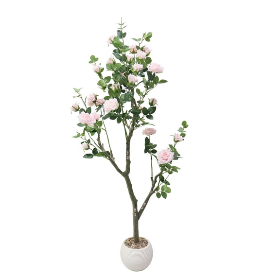 Senfot 5FT Pink Artificial Rose Tree Silk Cloth Plastic Lifelike Blooming Faux Floral Plant with White Striped Elliptical Pot Stylish Landscape Decor for Patio Living Room