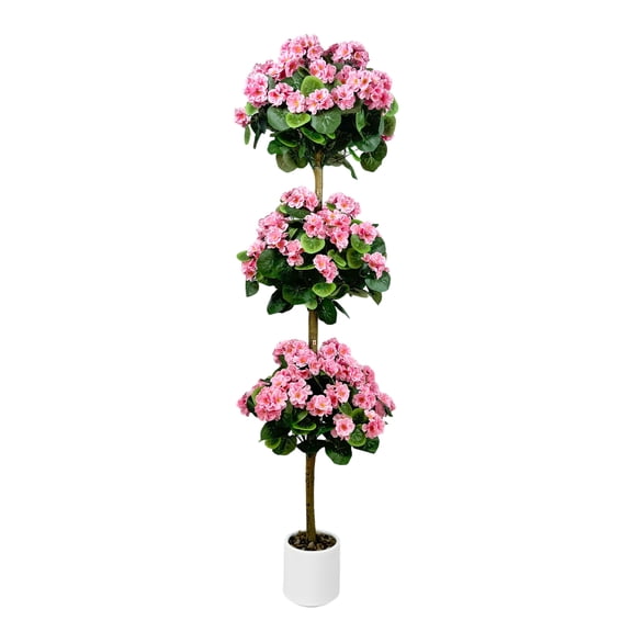 Senfot 5FT Pink Three-Ball Artificial Geranium Tree Silk Cloth Plastic Vibrant Faux Bloom Plant with White Round Belly Pot Weather Resistant Garden Decor