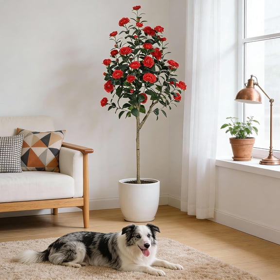 Senfot 5FT Red Single Stem Artificial Camellia Tree Large Blooming Faux Flower Plant Weather Resistant Floor Ornament for Patio Garden Indoor Outdoor Home Decor