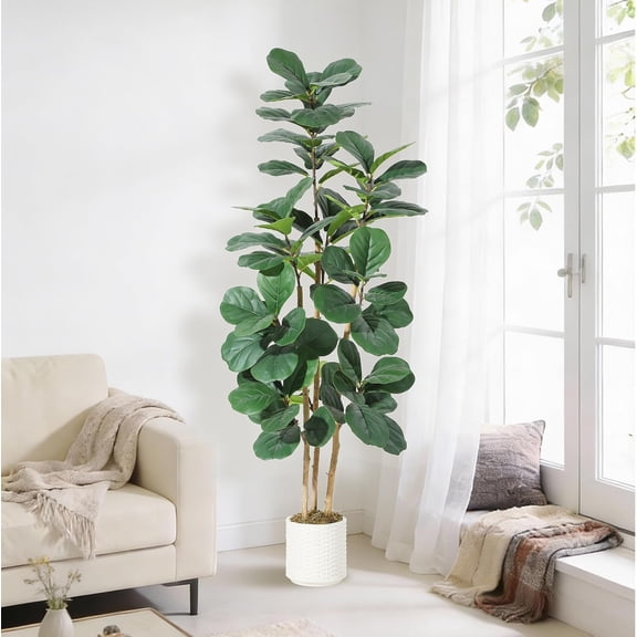 Senfot 5FT Three Stem Artificial Fiddle Leaf Fig Tree Stylish Multi-Stem Faux Foliage Plant Weather Resistant Ornament for Patio Living Room Indoor Decor