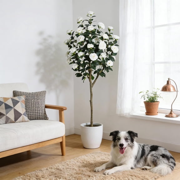 Senfot 5FT White Single Stem Artificial Camellia Tree Elegant Blooming Faux Flower Floor Plant Realistic Foliage Ornament for Living Room Office Patio Decor