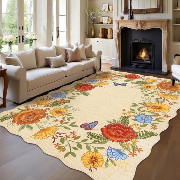 Senfot 5x7 Floral Boho Area Rugs Washable Ultra Soft Print Carpet Non-Slip Low Pile Stain Resistant for Living Room Bedroom Yellow