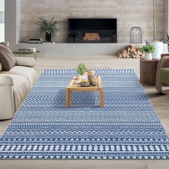 Senfot 5x7 Large Geometric Bohemian Area Rug Machine Washable Farmhouse Accent Throw Carpet Non-Slip for Living Room Bedroom Hallway Blue