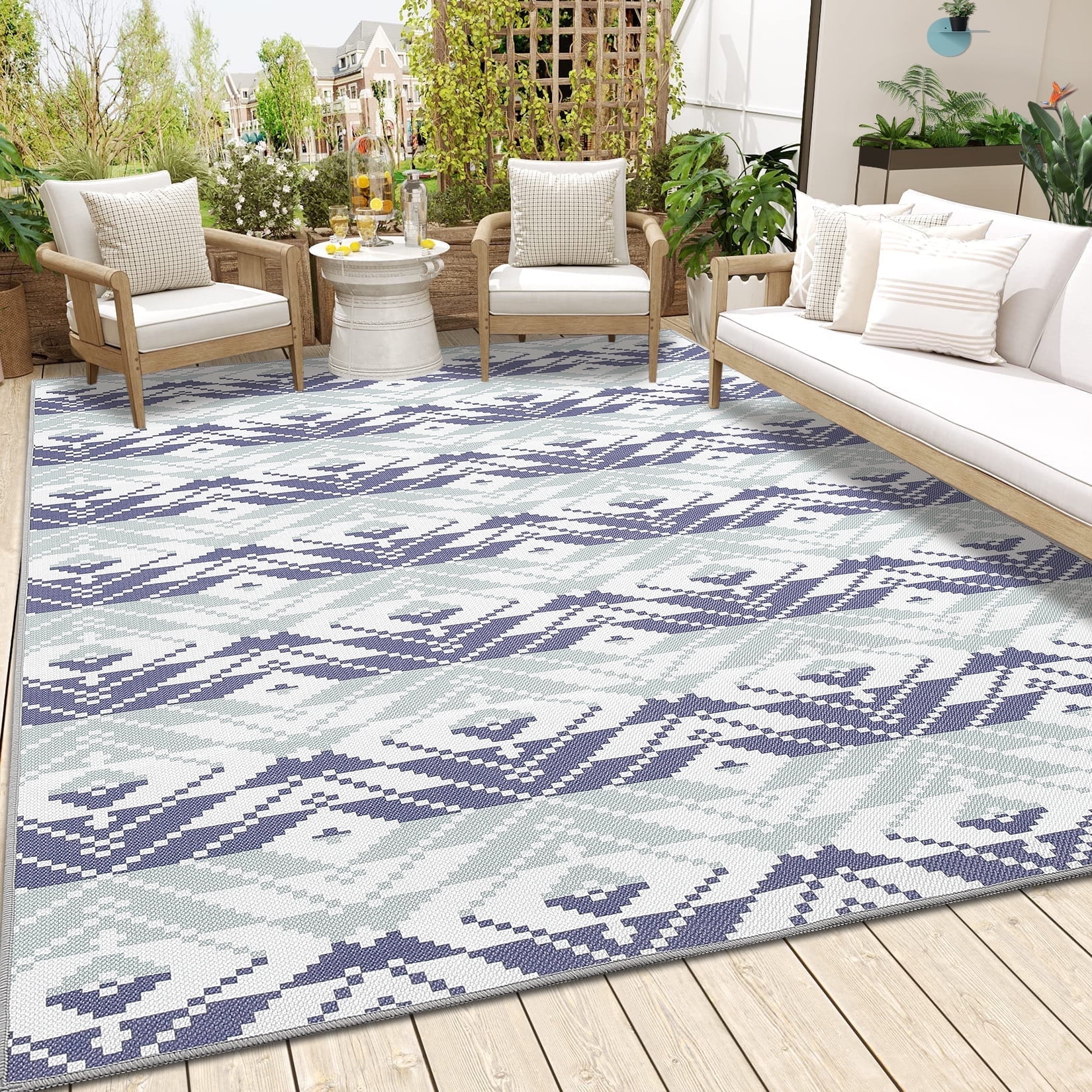 Senfot 5x8 Indoor Outdoor Area Rug Waterproof Modern Print Pattern Non-Slip Floor Carpet Stain Resistant for Patio Backyard Living Room Blue White