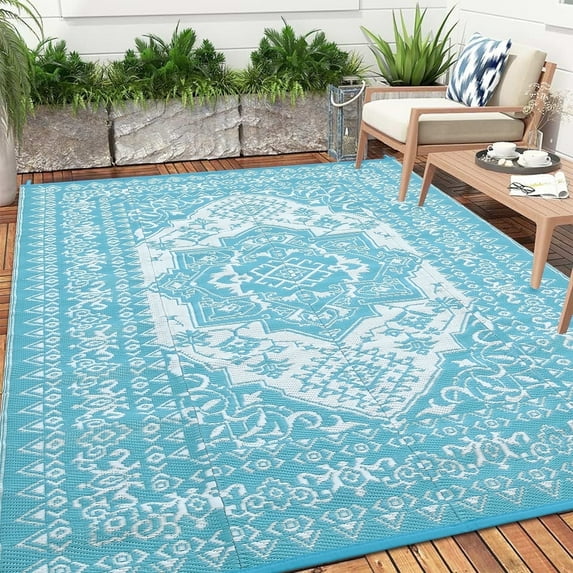 Senfot 5x8 Waterproof Reversible Plastic Straw Indoor Outdoor Area Rug for Patio RV Camping Balcony Deck Backyard Light Blue and White