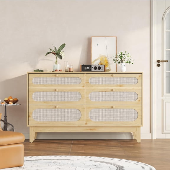 Senfot 6 Drawer Double Dresser with Charging Station & Rattan Design – Modern Storage Cabinet for Bedroom, Living Room, or Entryway