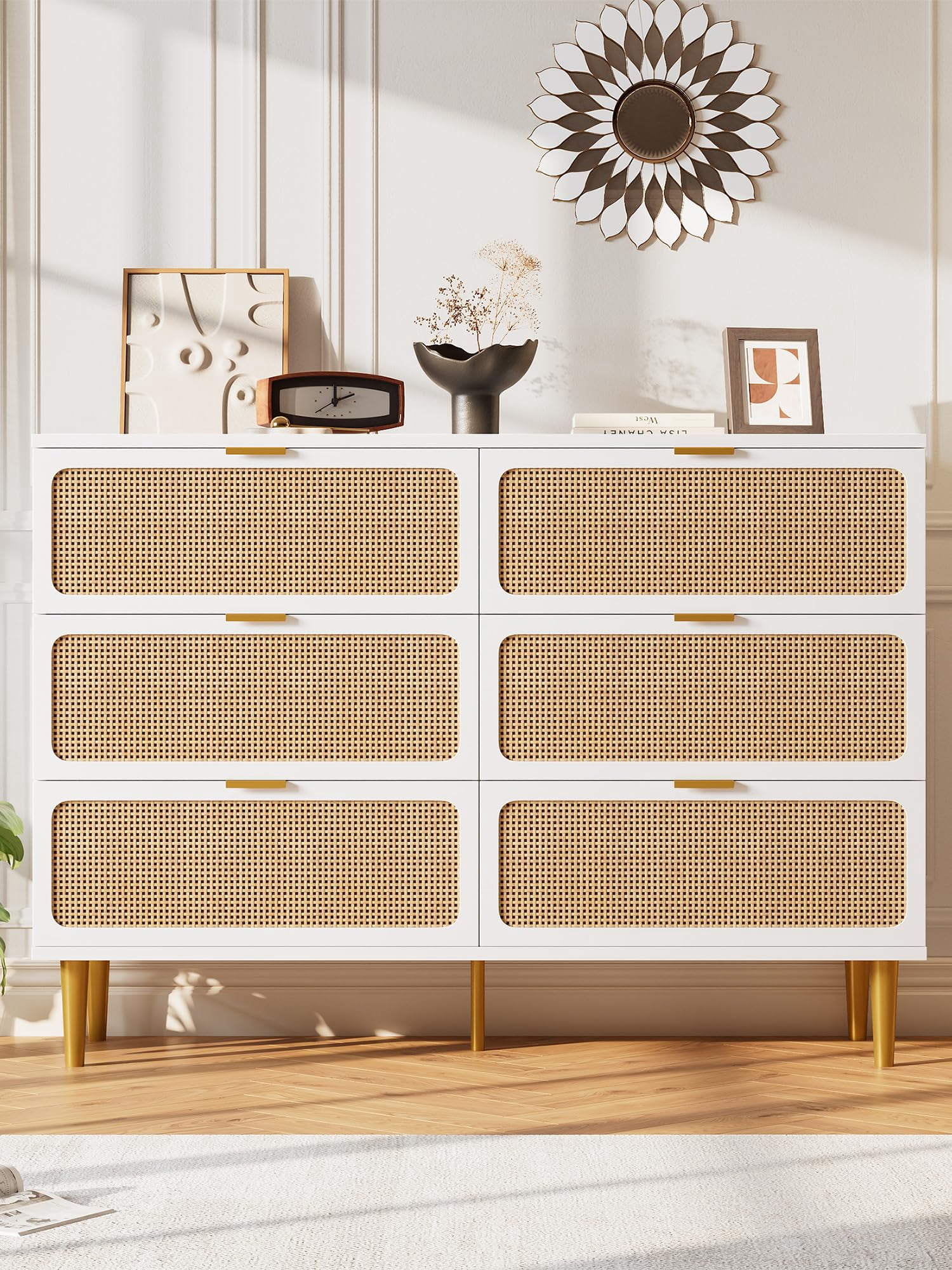 Senfot 6 Drawer Dresser for Bedroom, Large Modern Double Dresser for Closet with Wide Top, Rattan Chest of Drawers with Deep Drawers, Horizontal Wooden Dresser for Hallway, Living Room, White