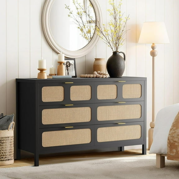 Senfot 6 Drawer Dresser, Farmhouse Wood Storage Chest of Drawers,Rattan Dresser for Bedroom with Metal Handles, for Bedroom, Living Room, Entryway, Hallway, Black