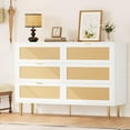 thumbnail image 1 of Senfot 6 Drawer Dresser, Rattan Chest of Drawer, Wide Double Drawer Dresser, Farmhouse Wooden Dresser with Metal Legs, Large Drawer Unit for Living Room,Bedroom, White, 1 of 7