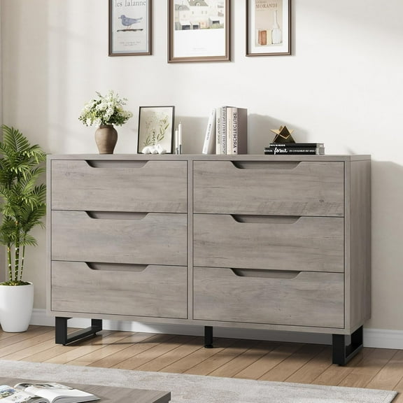 Senfot 6 Dresser for Bedroom, Freestanding Vertical Drawer Cabinet with Storage, 47.2" Wide Dresser, Wooden Closet Storage Chest for Living Room, Hallway, Entryway, Grey