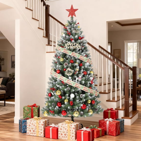 Senfot 6 FT Green PVC Artificial Christmas Tree 876 Branch Tips Pre Lit with 350 LED Bulbs 8 Lighting Modes Indoor Outdoor Home Yard Holiday Festival Decoration
