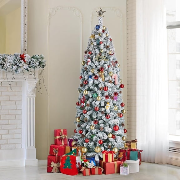 Senfot 6 Ft Pre-Lit Christmas Tree with 200 Dual Color LED Lights, Slim Pencil Tree with Metal Base for Home & Office Holiday Decorations